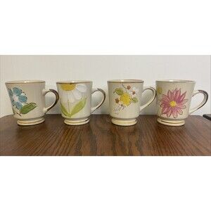 4 Vtg Sunnycraft Stoneware Coffee Mugs Floral Lemon Daisy Pink Blue Country
